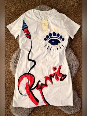 Graphic White Tee Dress with Eye & Red Script